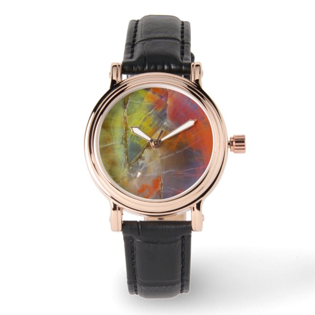 Rainbow Colored Petrified Wood Armbanduhr (Vorderseite)