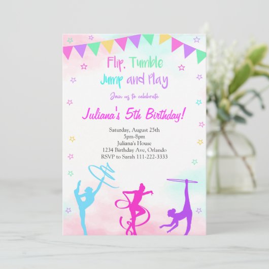 Rainbow Colorful Girls Gymnastic Birthday Einladun Einladung (Stehend Vorderseite)