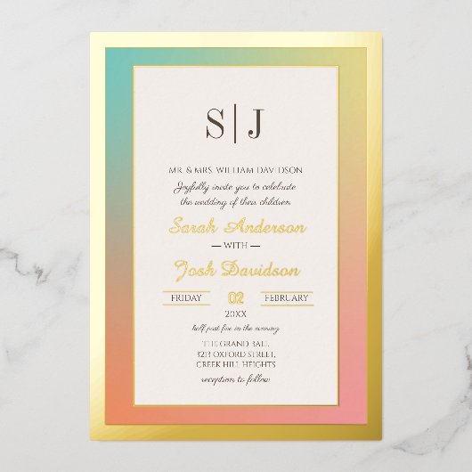 Rainbow Colorful Golden Foil Wedding Folieneinladung (Vorderseite)
