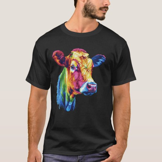 Rainbow Colorful Kuh Head Pop Art Farm T-Shirt (Vorderseite)
