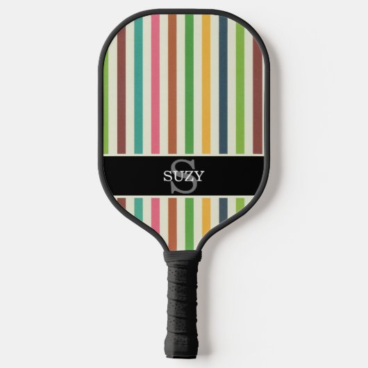 Rainbow Colorful Pinstripe Initial Monogram Pickleball Schläger (Rückseite)
