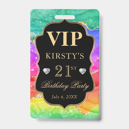 Rainbow Colors and Gold Glitzer Agate Birthday VIP Ausweis (Vorderseite)