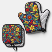 Rainbow Colors Blume Paisley Design Ofenhandschuh & Topflappen-Set (Vorderseite/Rückseite)
