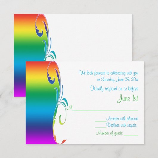 Rainbow Colors Scrolled Wedding Repcard RSVP Karte (Vorne/Hinten)