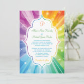 Rainbow Colors Striped Sunburst Wedding Einladung (Stehend Vorderseite)