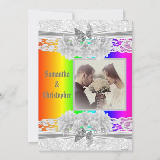 Rainbow coloured lace wedding photo invitation einladung (Rückseite)