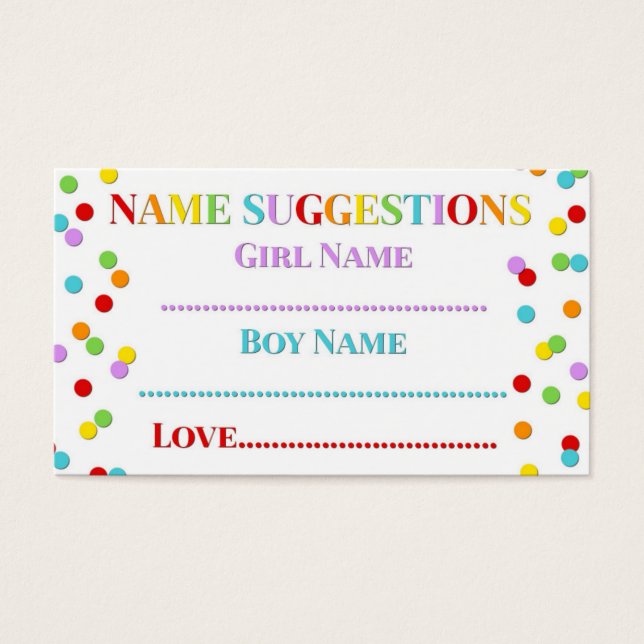 Rainbow Confetti Babydusche Name Suggestion Karte (Vorderseite)