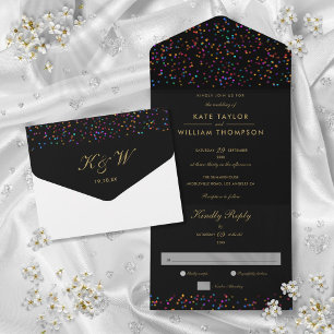 Rainbow Confetti Black and Gold Monogram Wedding All In One Einladung
