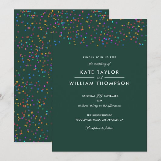 Rainbow Confetti Emerald Green Wedding Einladung (Vorne/Hinten)