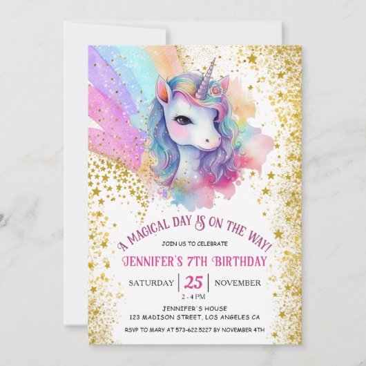 Rainbow Confetti Girl Unicorn Einladung (Vorderseite)