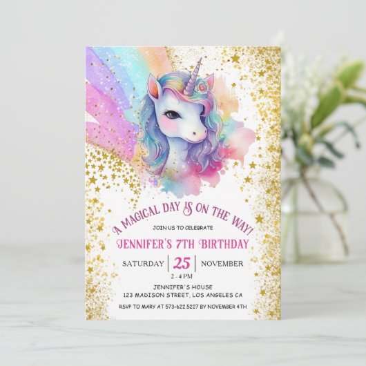 Rainbow Confetti Girl Unicorn Einladung (Stehend Vorderseite)