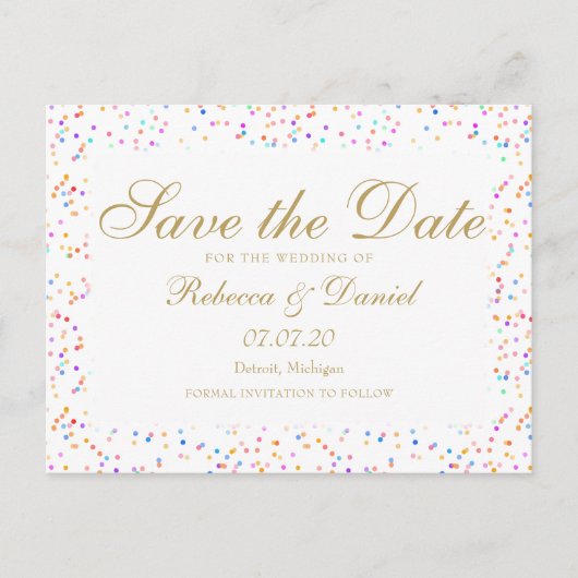 Rainbow Confetti Gold Script Save the Date Ankündigungspostkarte (Vorderseite)