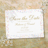 Rainbow Confetti Gold Script Save the Date Ankündigungspostkarte