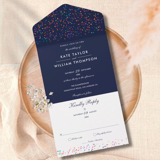 Rainbow Confetti Navy Blue Monogram Wedding All In One Einladung