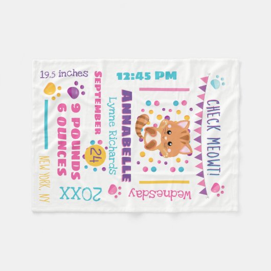 Rainbow Confetti Niedlich Kitty Cat Baby Birth Sta Fleecedecke (Vorderseite (Horizontal))