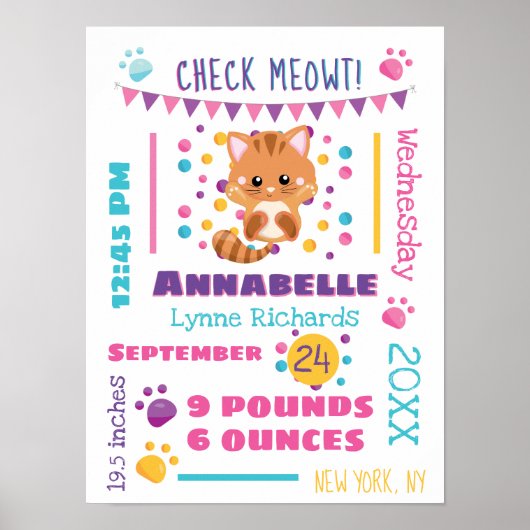 Rainbow Confetti Niedlich Kitty Cat Baby Birth Sta Poster (Vorne)