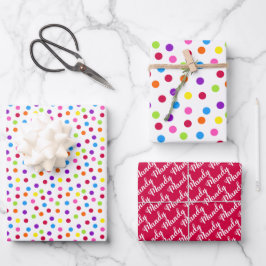 Rainbow Confetti Polka Dots Name Birthday Geschenkpapier Set