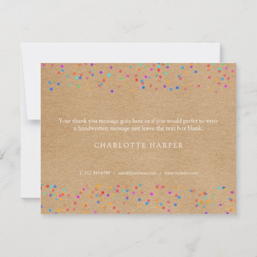 Rainbow Confetti Rustic Kraft Script Business Dankeskarte (Rückseite)
