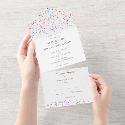 Rainbow Confetti Script Monogram Wedding All In One Einladung (Abreißen)