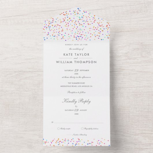 Rainbow Confetti Script Monogram Wedding All In One Einladung (Innen Boden)