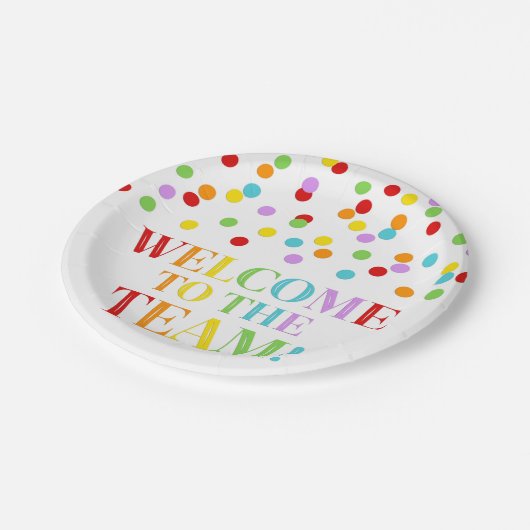 Rainbow Confetti Willkommen im Team Pappteller (Schrägansicht)