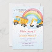 Rainbow & Construction Joint Birthday Party Einladung (Vorderseite)