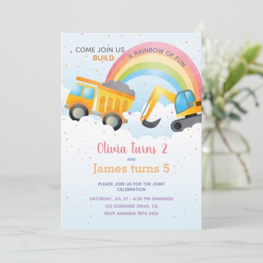 Rainbow & Construction Joint Birthday Party Einladung (Stehend Vorderseite)
