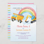 Rainbow & Construction Joint Birthday Party Einladung (Vorne/Hinten)