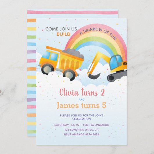 Rainbow & Construction Joint Birthday Party Einladung (Vorne/Hinten)