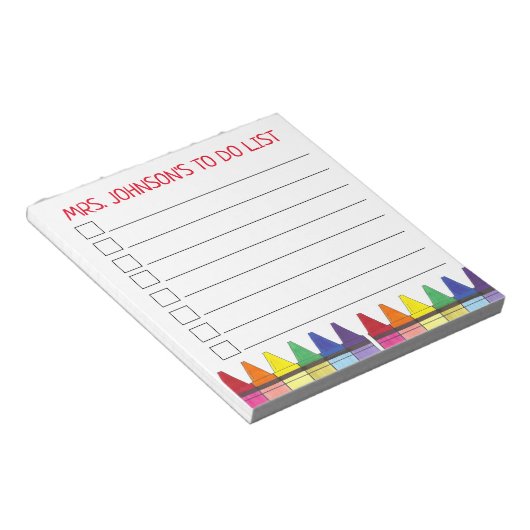 Rainbow Crayons Personalisiert Teacher to Do List Notizblock (angewinkelt)