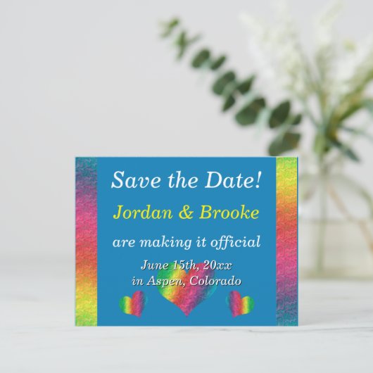 [Rainbow Crinkle Wedding] Hearts Postcard Blue Ankündigungspostkarte (Stehend Vorderseite)