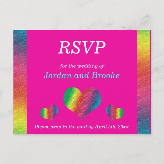[Rainbow Crinkle Wedding] Hearts RSVP Card Pink Einladungspostkarte (Vorderseite)