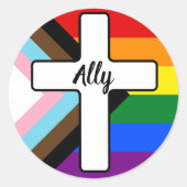 Rainbow Cross Progress Pride Flag Ally Runder Aufkleber (Vorderseite)