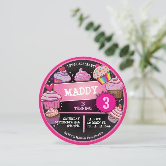 RAINBOW CUPCAKES Einladung zum Geburtstag (Stehend Vorderseite)