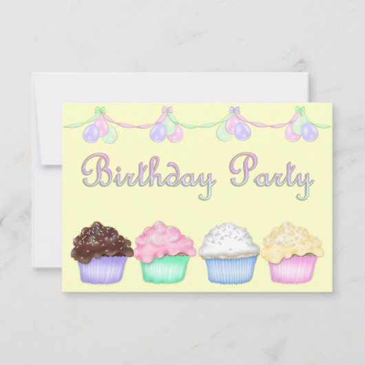 RAINBOW CUPCAKES YELLOW BIRTHDAY PARTY EINLADUNG (Vorderseite)