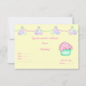 RAINBOW CUPCAKES YELLOW BIRTHDAY PARTY EINLADUNG (Rückseite)