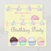 RAINBOW CUPCAKES YELLOW BIRTHDAY PARTY EINLADUNG (Vorne/Hinten)