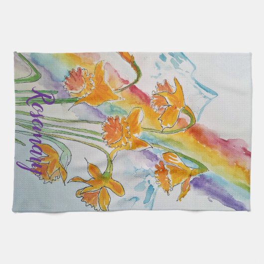 Rainbow Daffodier Spring Wasserfarben Blume Geschirrtuch (Horizontal)