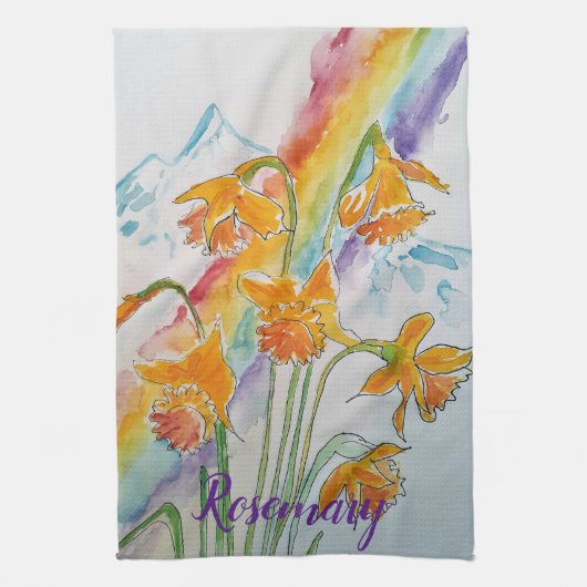 Rainbow Daffodier Spring Wasserfarben Blume Geschirrtuch (Vertikal)