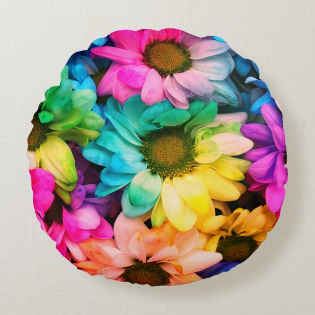 Rainbow Daisy Print Round Kissen (Vorderseite)