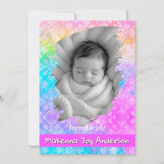 [Rainbow Damask] Soft Pastels Baby Girl Birth Ankündigung (Vorderseite)