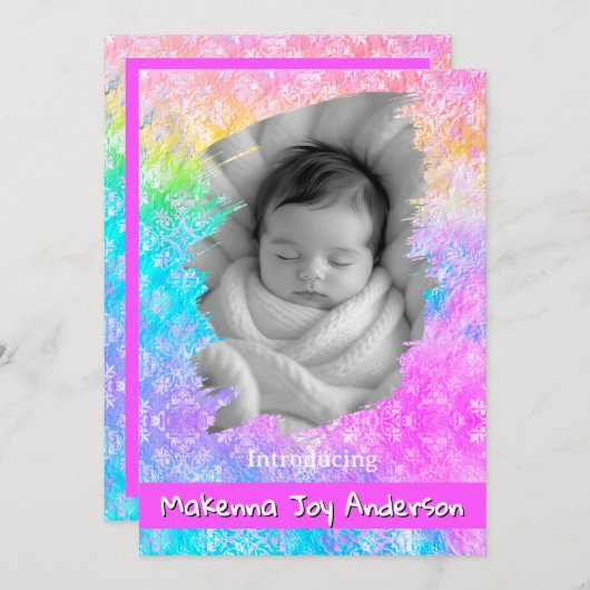 [Rainbow Damask] Soft Pastels Baby Girl Birth Ankündigung (Vorne/Hinten)