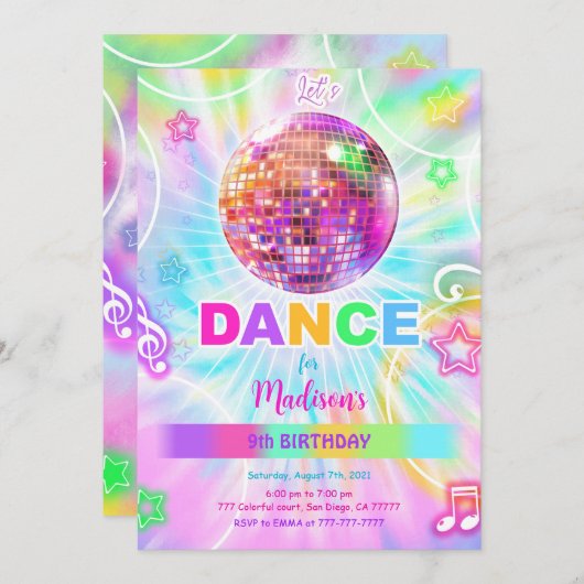 Rainbow Dance Disco Party Neo Glow Einladung (Vorne/Hinten)