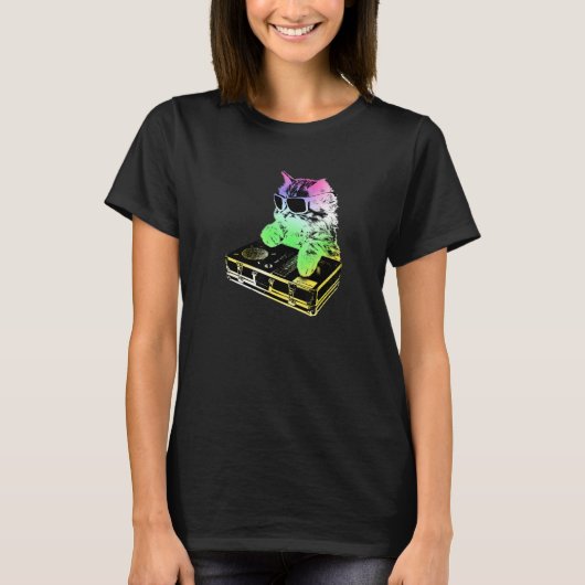 Rainbow Dj Cat Scratching T-Shirt (Vorderseite)
