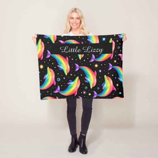 Rainbow Dolphin Fleece Blanket – Kids Custom Name (Beispiel)