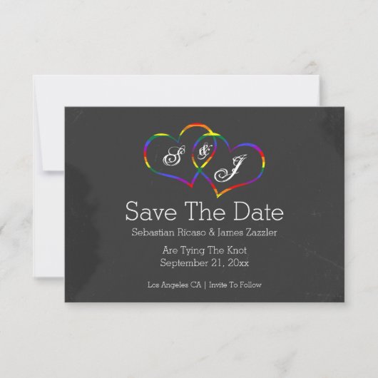 Rainbow Doodle Heart Chalkboard Gay Save the Date (Vorderseite)
