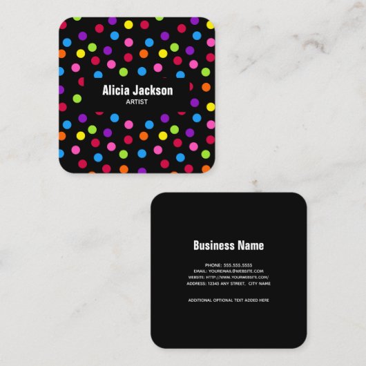 Rainbow Dots Bright Black Quadratische Visitenkarte (Vorne/Hinten)