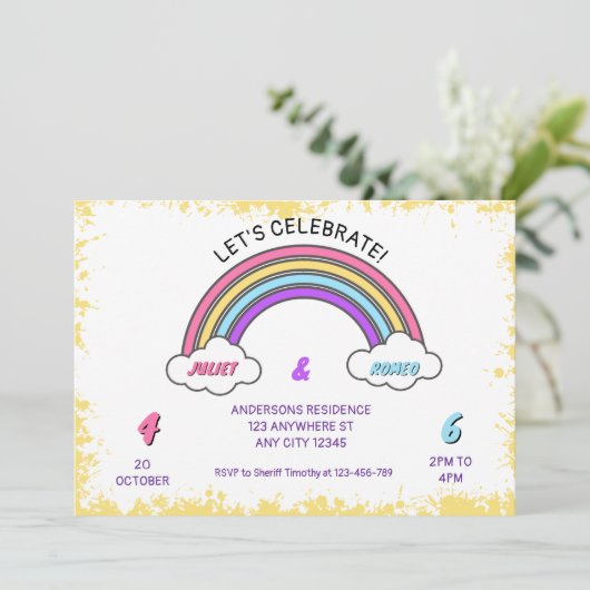 Rainbow Double Birthday Einladung (Stehend Vorderseite)