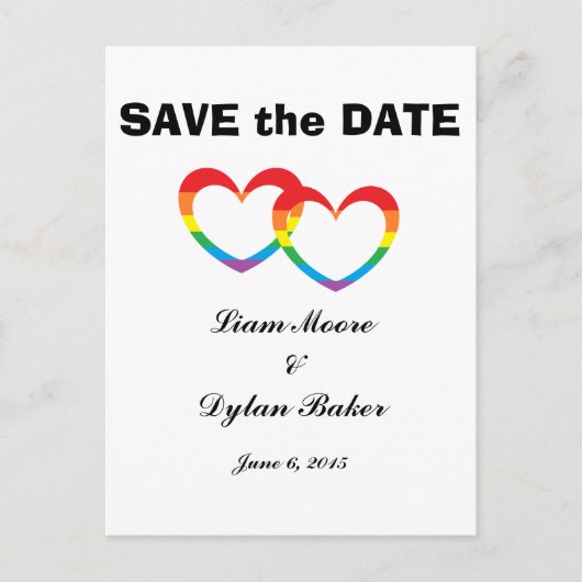 "Rainbow Double Hearts" Save the Date Postkarten (Vorderseite)