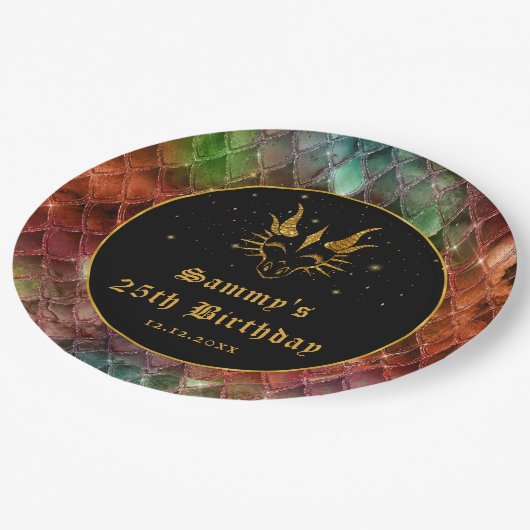 Rainbow Dragon Scales Gold Imitate Glitzer Geburts Pappteller (Schrägansicht)